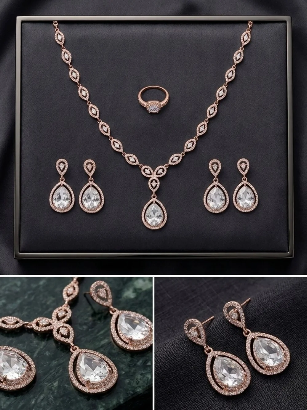 Rose Gold Tone Teardrop Halo Bridal & Formal Costume Jewelry 5-Piece Set